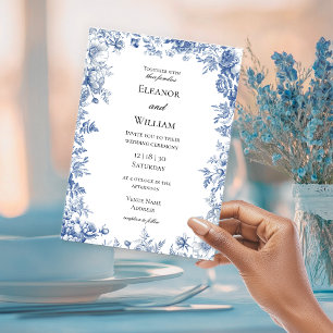 Elegant Blue Toile Floral Wedding Invitation