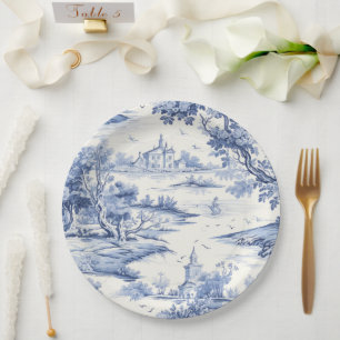 Elegant Blue Toile French Classic Porceline Style  Paper Plate