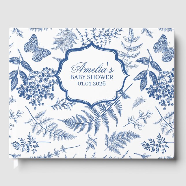 Elegant Blue Toile Print Personalised Baby Shower Guest Book (Front)