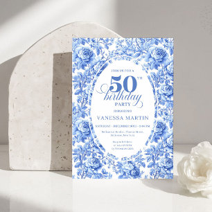 Elegant Blue Toile Rose 50th Birthday Invitation
