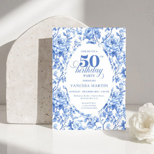 Elegant Blue Toile Rose Floral 50th Birthday Invit Invitation