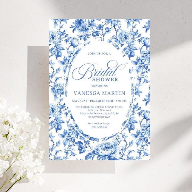 Elegant Blue Toile Rose Floral Bridal Shower Invit Invitation (Elegant Blue Toile Rose Floral Bridal Shower Invitation)