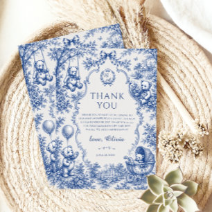 Elegant Blue Toile Teddy Bear Baby Shower Thank You Card