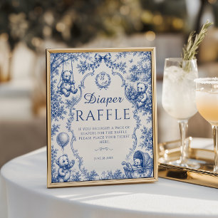 Elegant Blue Toile Teddy Bear Diaper Raffle Poster