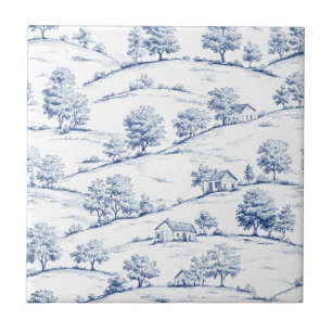 Elegant Blue Toile Vintage French Pastoral Scenes Tile