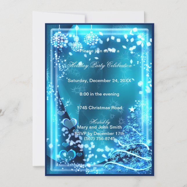 Elegant Blue Tree Hearts Christmas Party Invite (Front)