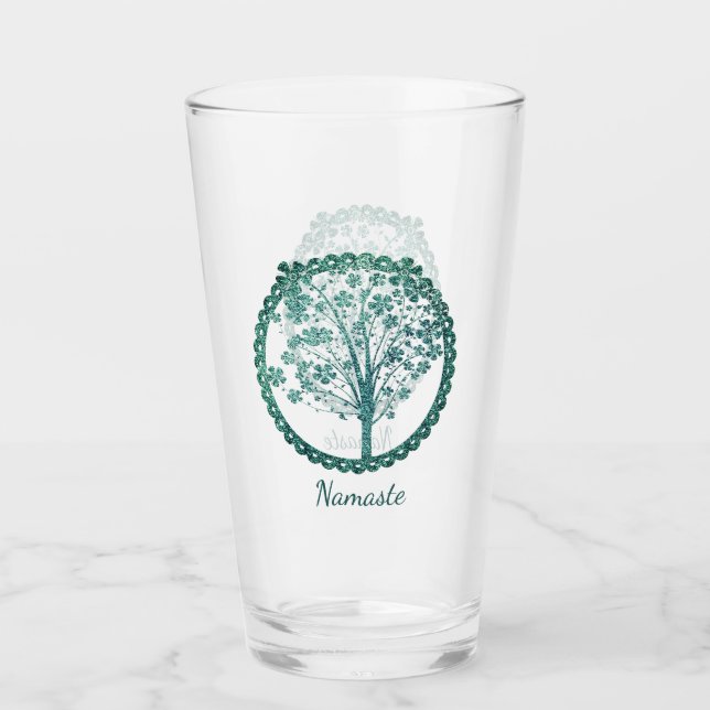 Elegant Blue Tree of Life Namaste Zen Yoga Glass (Front)