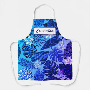 Elegant blue tropical leaves flowers custom name  apron