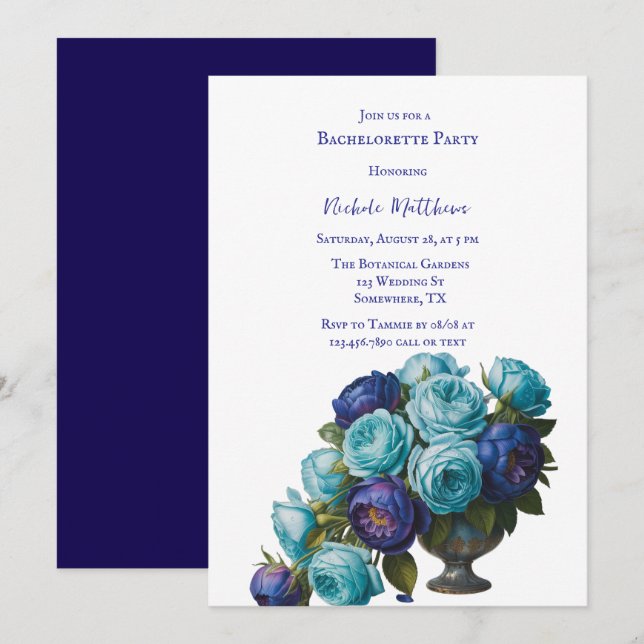 Elegant Blue Turquoise Floral Bachelorette Party Invitation (Front/Back)
