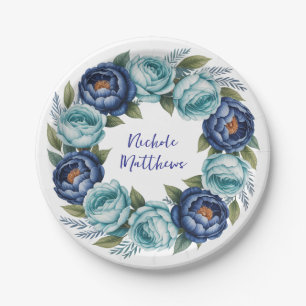 Elegant Blue Turquoise Floral Bridal Shower Paper Plate