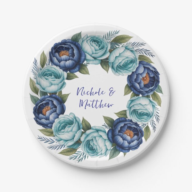 Elegant Blue Turquoise Floral Wedding Paper Plate (Front)
