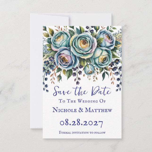 Elegant Blue Turquoise Floral Wedding Save The Date (Front)