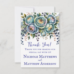 Elegant Blue Turquoise Floral Wedding Thank You Card