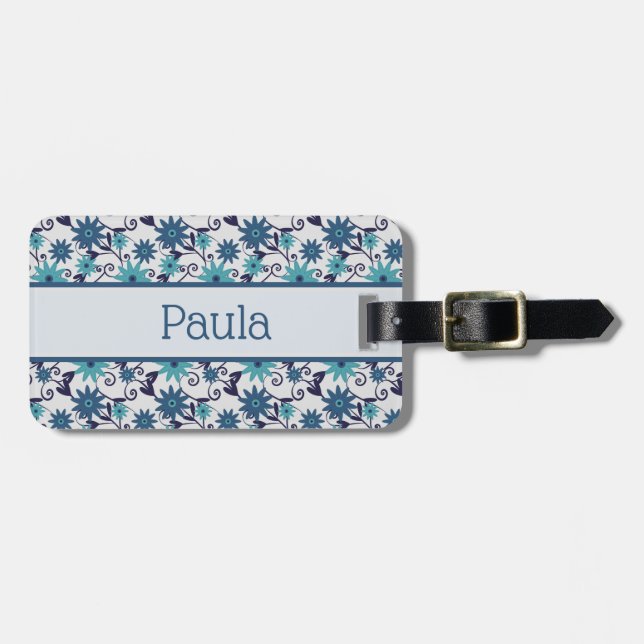Elegant Blue Turquoise Flower Pattern Custom Luggage Tag (Front Horizontal)