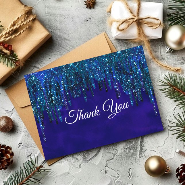 Elegant blue turquoise glitter drips thank you card (Creator Uploaded)