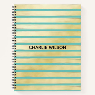 Elegant blue turquoise gold foil paint striped notebook
