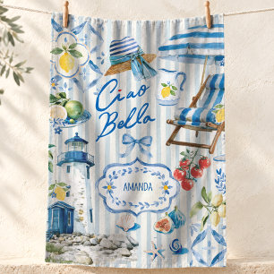 Elegant Blue Turquoise Majolica Citrus Collage Tea Towel