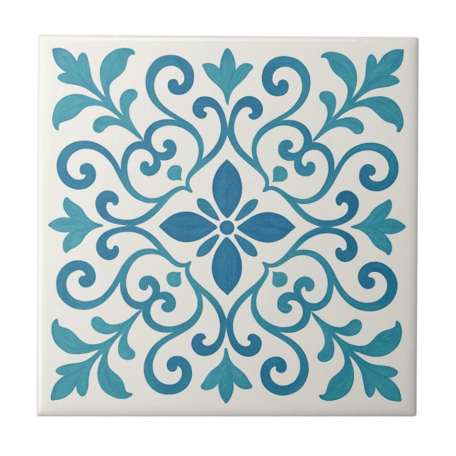 Elegant Blue & Turquoise Mediterranean Floral Tile (Front)