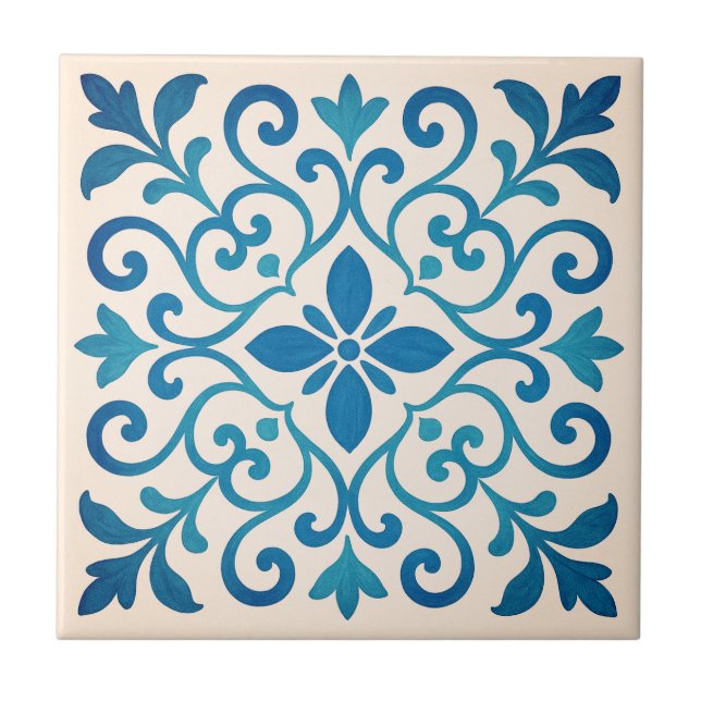 Elegant Blue & Turquoise Mediterranean Floral V2 Tile (Front)