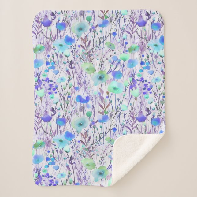 Elegant blue turquoise wildflowers watercolor sherpa blanket (Front)