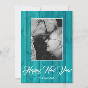 Elegant blue turquoise wood custom photo holiday card