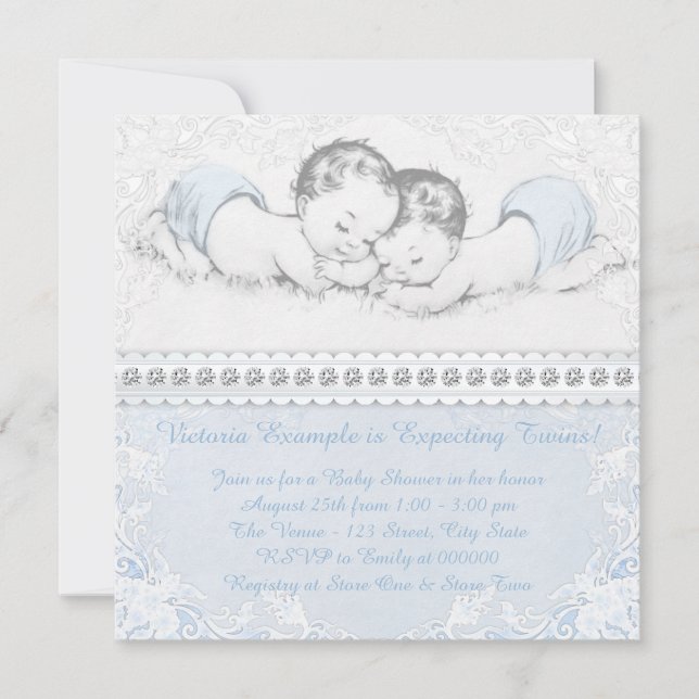 Elegant Blue Twin Boy Baby Shower Invitation (Front)