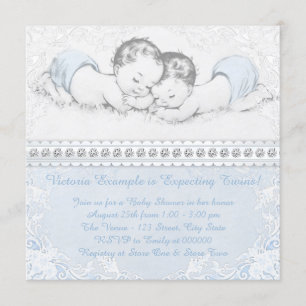 Elegant Blue Twin Boy Baby Shower Invitation