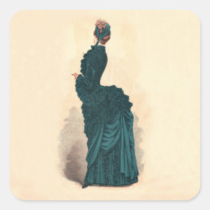 Elegant Blue Victorian Dress Fashion Woman Art Square Sticker