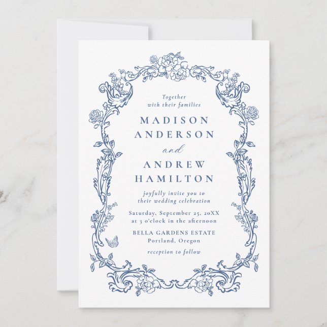Elegant Blue Victorian Floral All in One Wedding Invitation (Front)