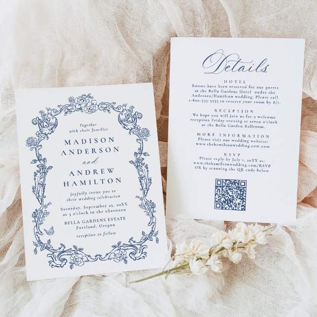 Elegant Blue Victorian Floral All in One Wedding Invitation (Creator Uploaded)