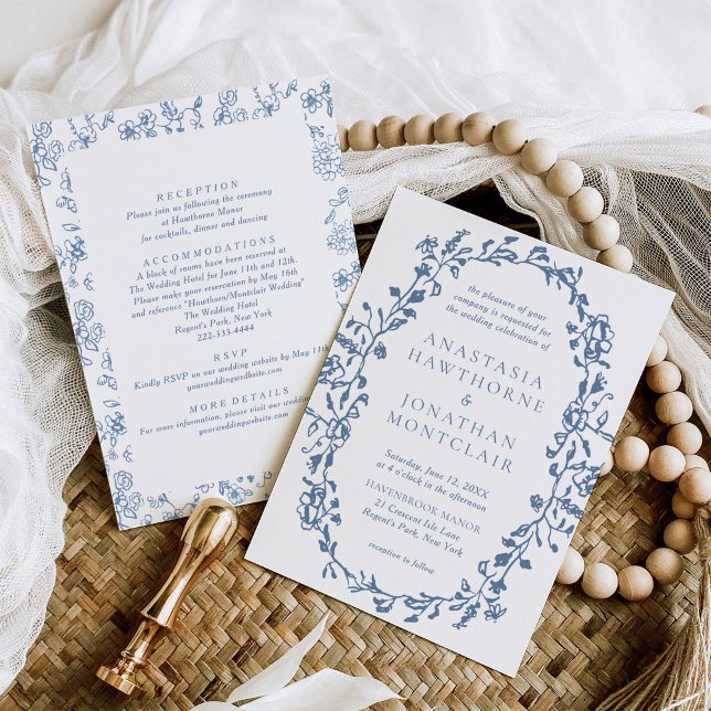 Elegant Blue Victorian Floral All in One Wedding Invitation (Creator Uploaded)