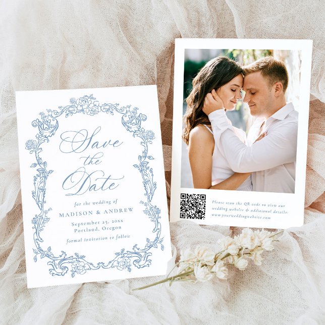 Elegant Blue Victorian Floral QR Code Wedding Save The Date (Creator Uploaded)