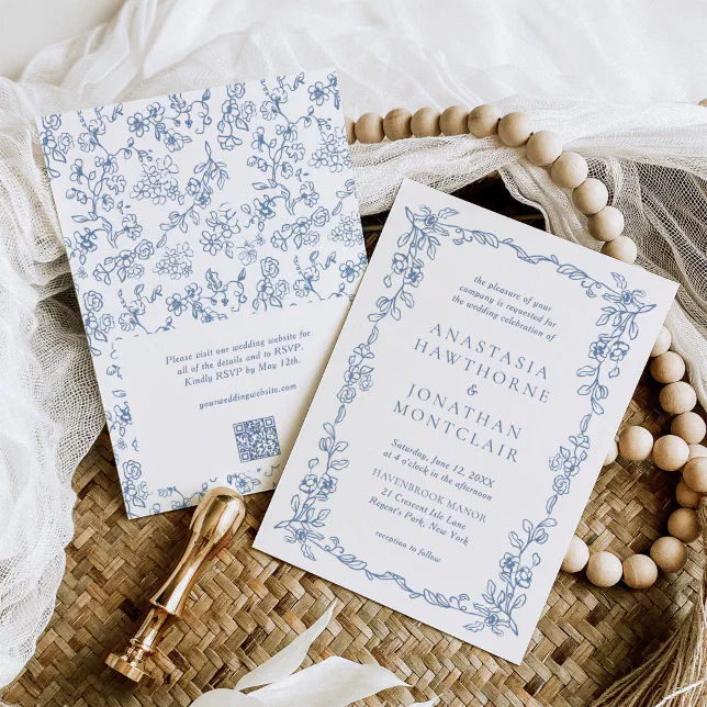 Elegant Blue Victorian QR Code RSVP Wedding Invitation | Zazzle