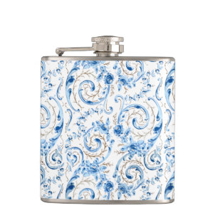 Elegant Blue Victorian Roses and Scrolls Hip Flask