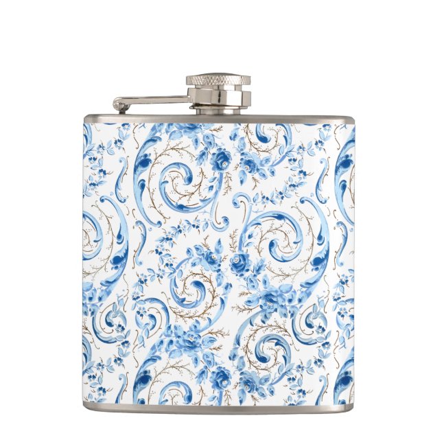 Elegant Blue Victorian Roses and Scrolls Hip Flask (Front)