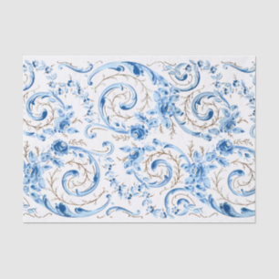 Elegant Blue Victorian Roses and Scrolls Tissue Paper