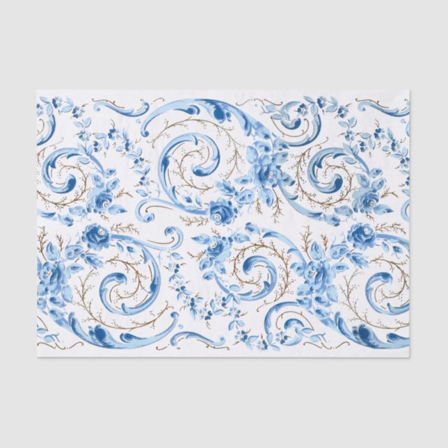 Elegant Blue Victorian Roses and Scrolls Tissue Paper (Front)