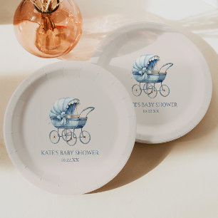 Elegant Blue Vintage Baby Carriage Baby Shower Paper Plate