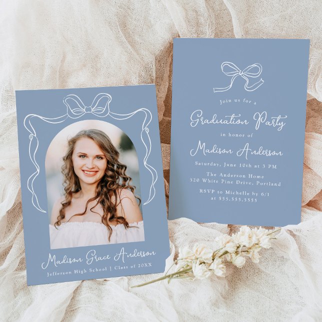 Elegant Blue Vintage Bow Photo Graduation Party Invitation (Creator Uploaded)