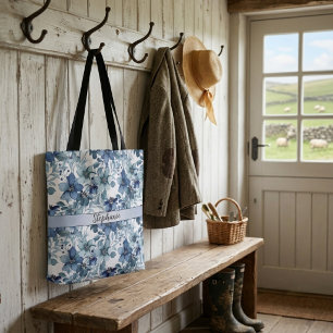 Elegant Blue Vintage Chintz Pattern Monogram Tote Bag