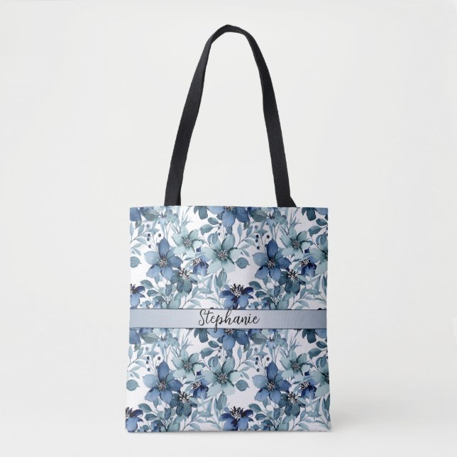 Elegant Blue Vintage Chintz Pattern Monogram Tote Bag (Front)