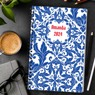 Elegant Blue Vintage Damask Monogram Planner