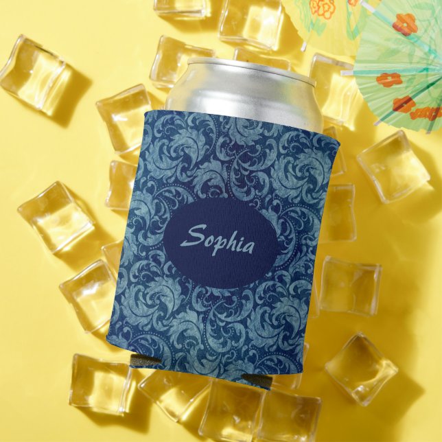 Elegant Blue Vintage Damask Pattern Can Cooler (In Situ Summer)