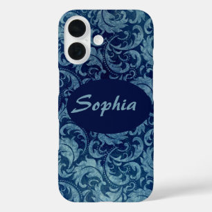 Elegant Blue Vintage Damask Pattern iPhone 16 Case
