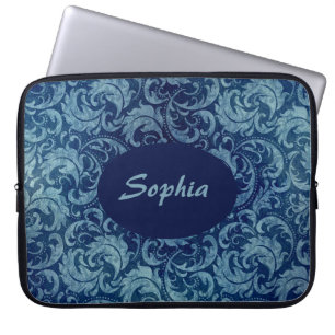 Elegant Blue Vintage Damask Pattern Laptop Sleeve