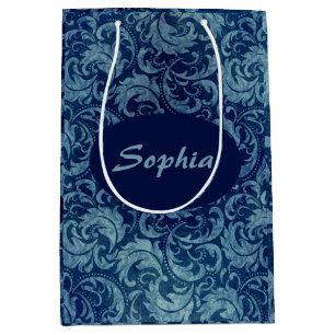 Elegant Blue Vintage Damask Pattern Medium Gift Bag