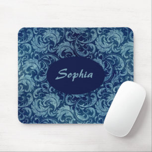 Elegant Blue Vintage Damask Pattern Mouse Mat