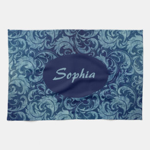 Elegant Blue Vintage Damask Pattern Tea Towel