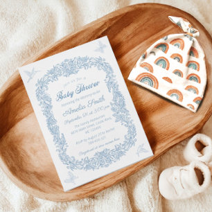 Elegant Blue Vintage Floral Baby Shower Invitation