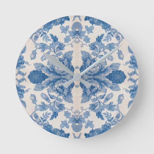 Elegant blue vintage floral round clock (Front)